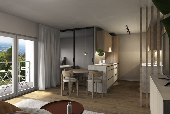 Moderne, elegante Wohnung, visualisiert durch Hand am Werk GmbH Lungern