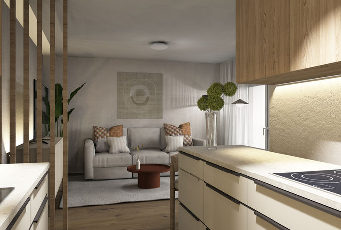 Moderne, elegante Wohnung, visualisiert durch Hand am Werk GmbH Lungern
