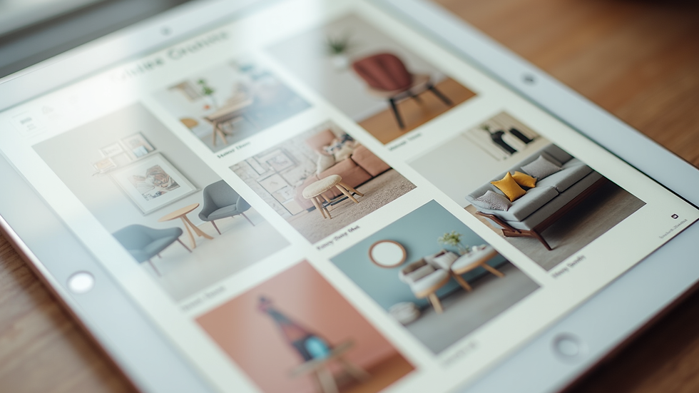 Close-up view of a digital mood board with color swatches and furniture ideas