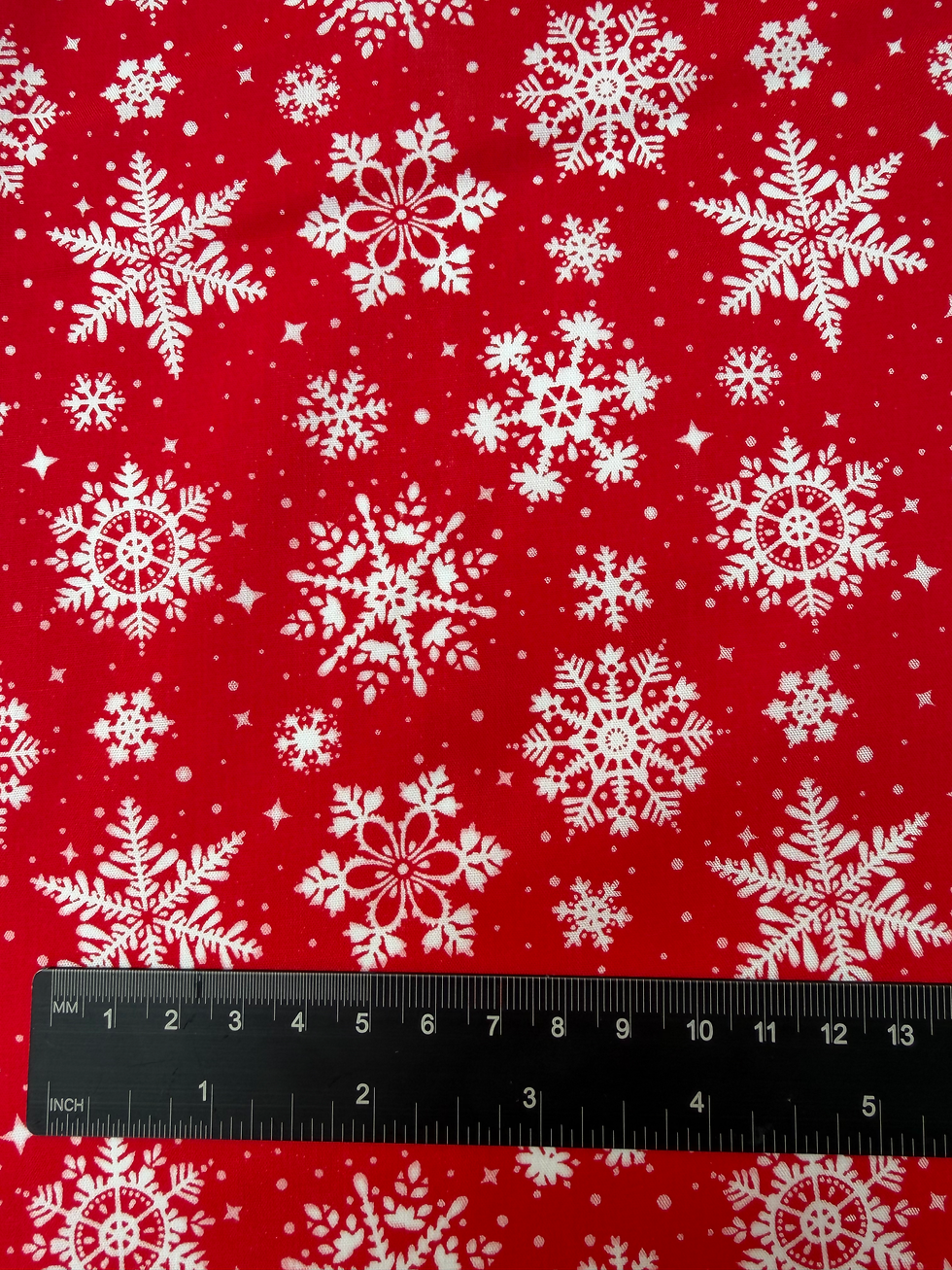 Snowflakes Red Christmas Polycotton Fabric Ruler View