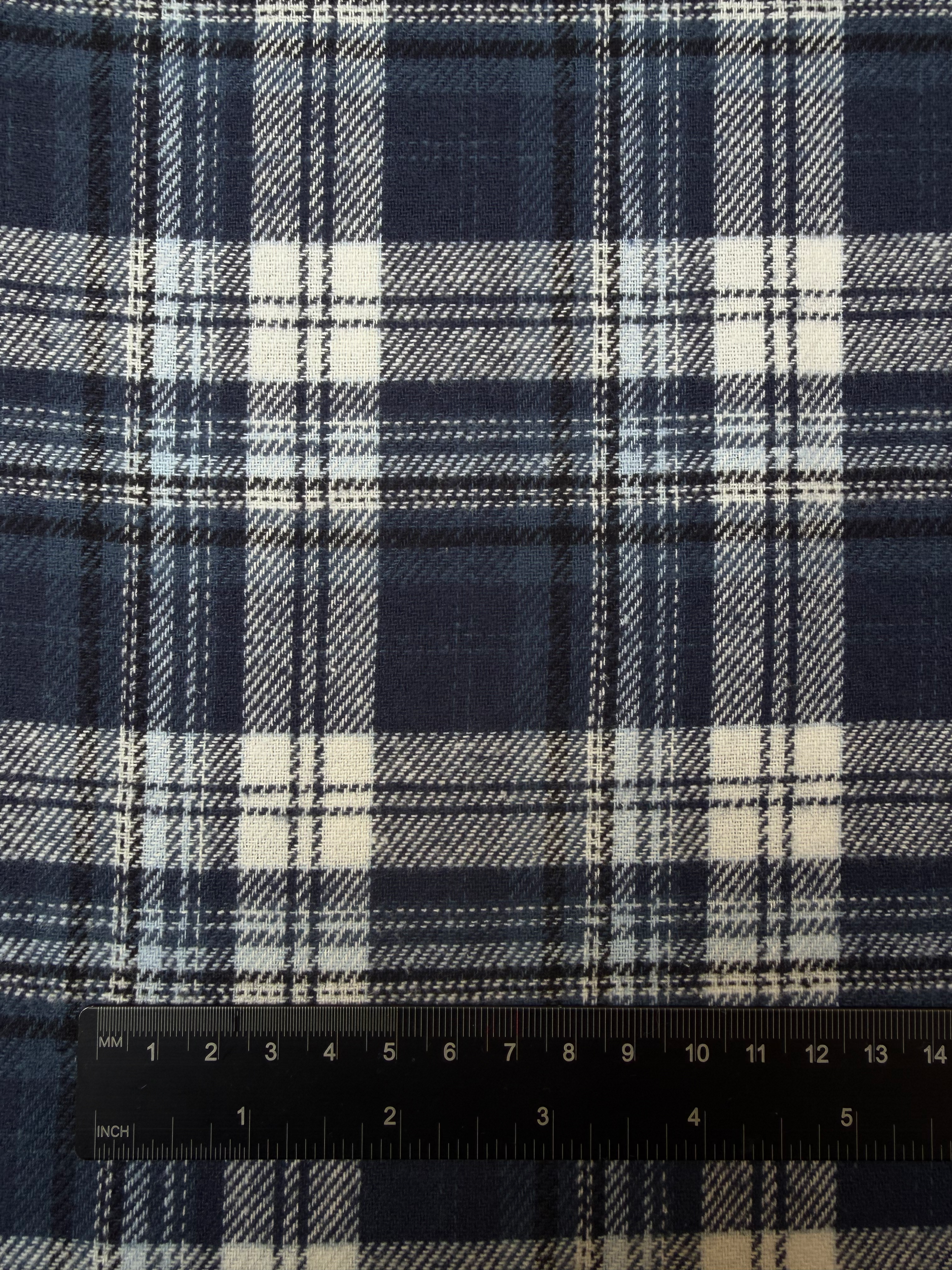 Blue and White Check Flannel Brushed Cotton Fabric Ruler View