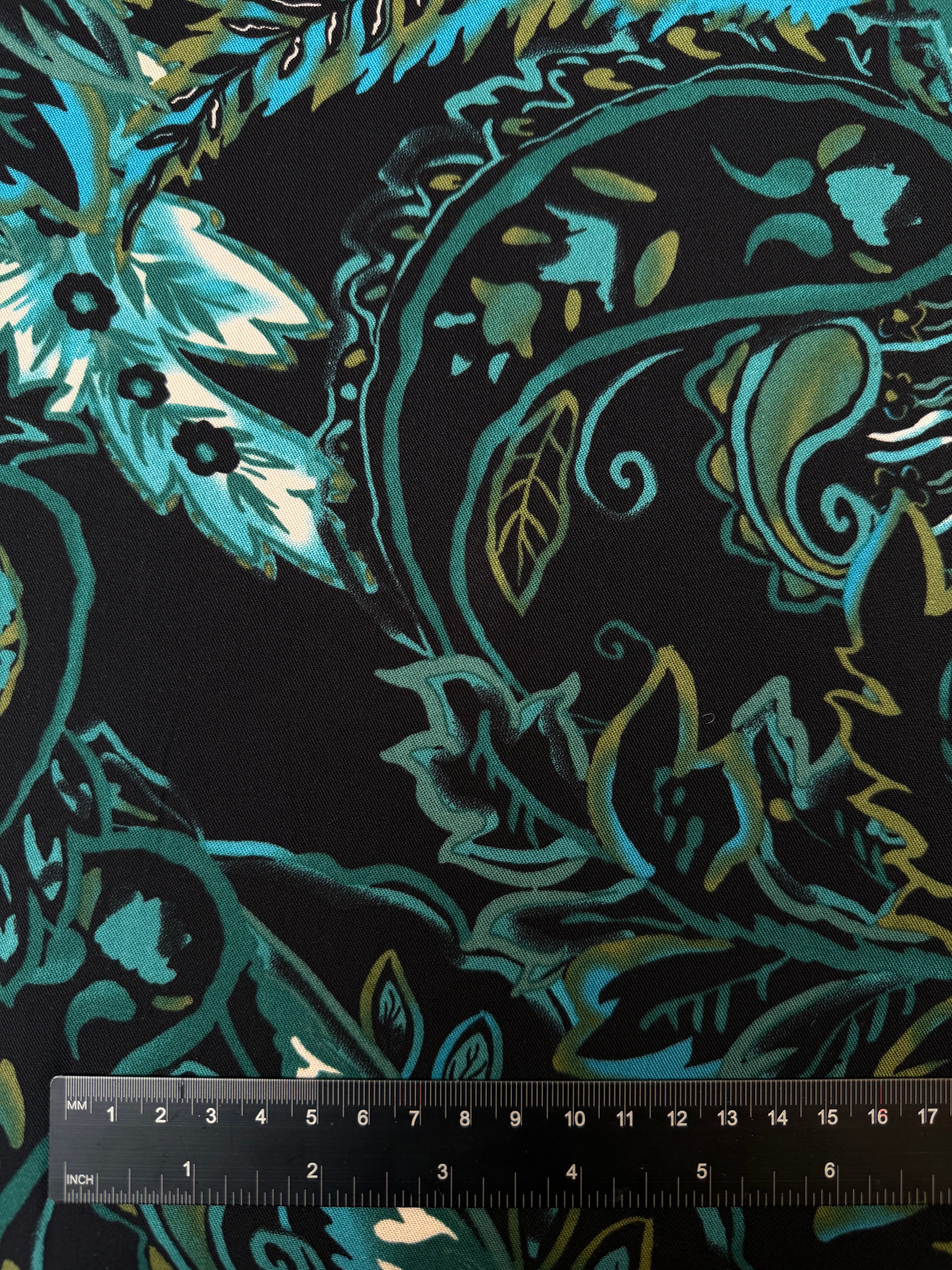 Turquoise Paisley Viscose Twill Fabric Ruler View