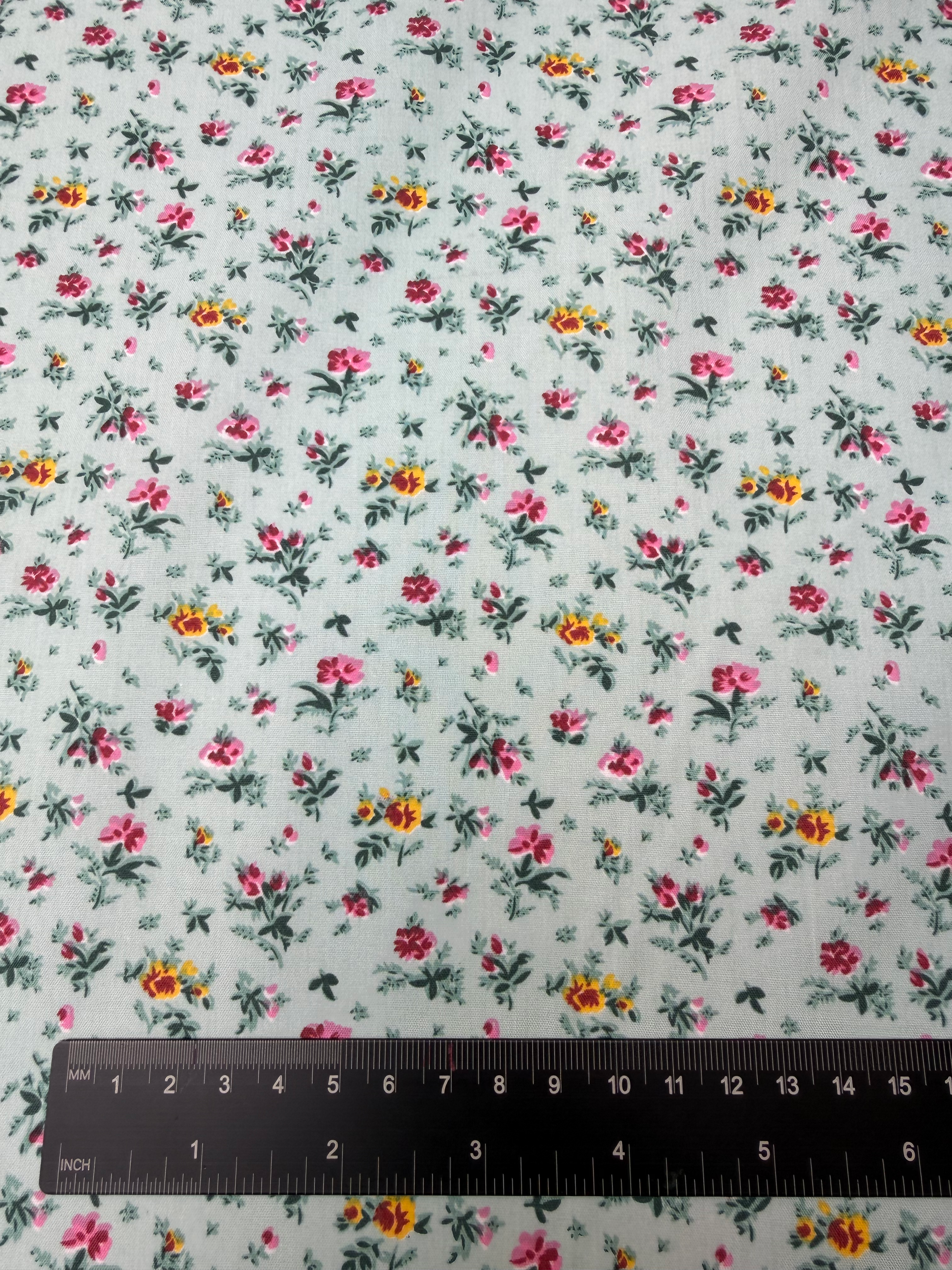 Sage Blue Floral Polycotton Fabric Ruler View