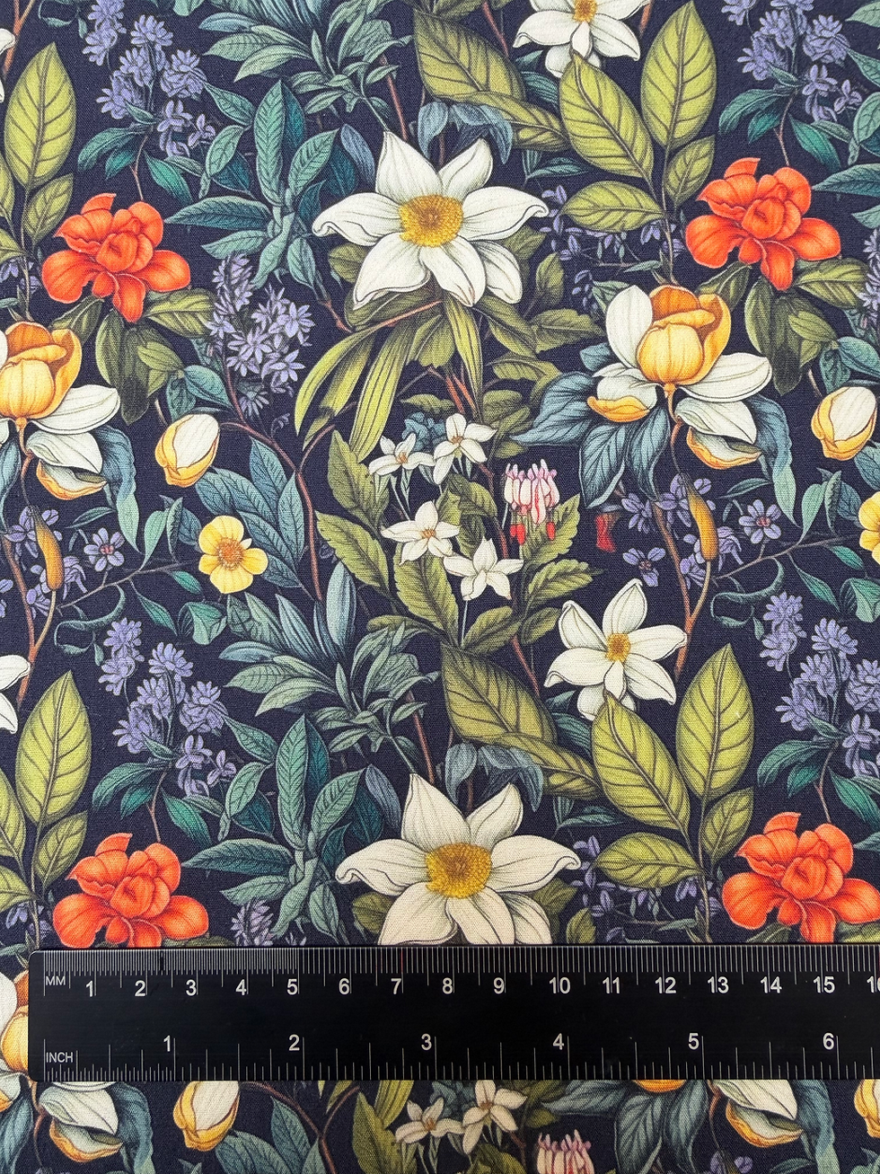 Thumbnail: Navy Floral 100% Cotton Poplin Fabric Ruler View