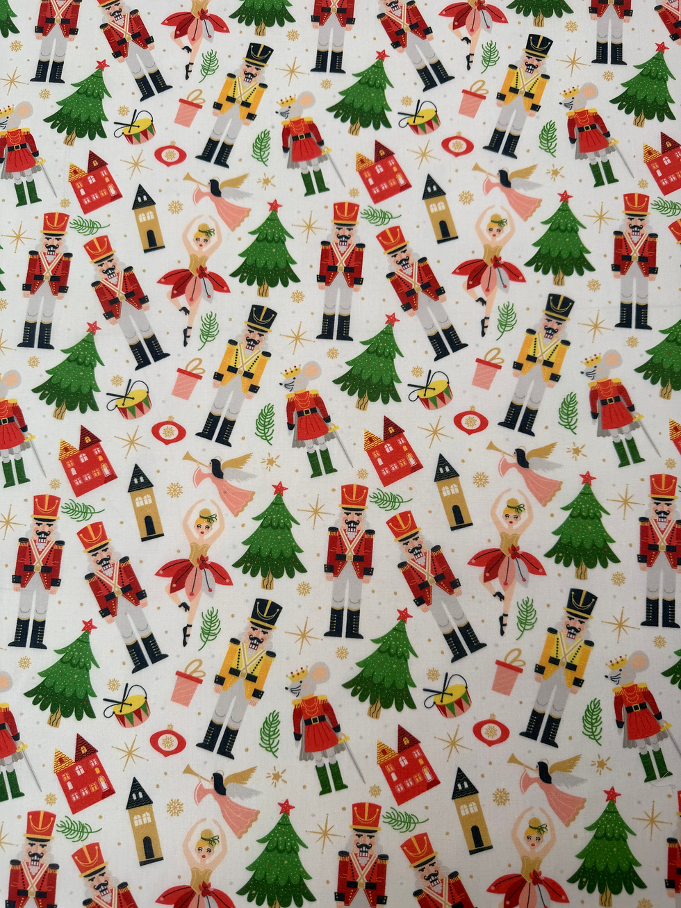 Nutcracker and Ballerina White Christmas Polycotton Fabric Wide View