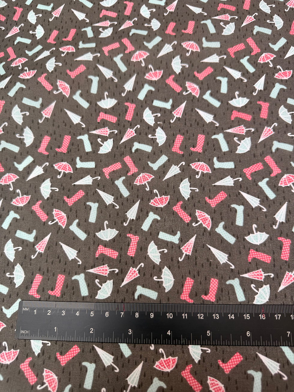 Umbrellas and Wellies Polycotton Fabric Ruler View