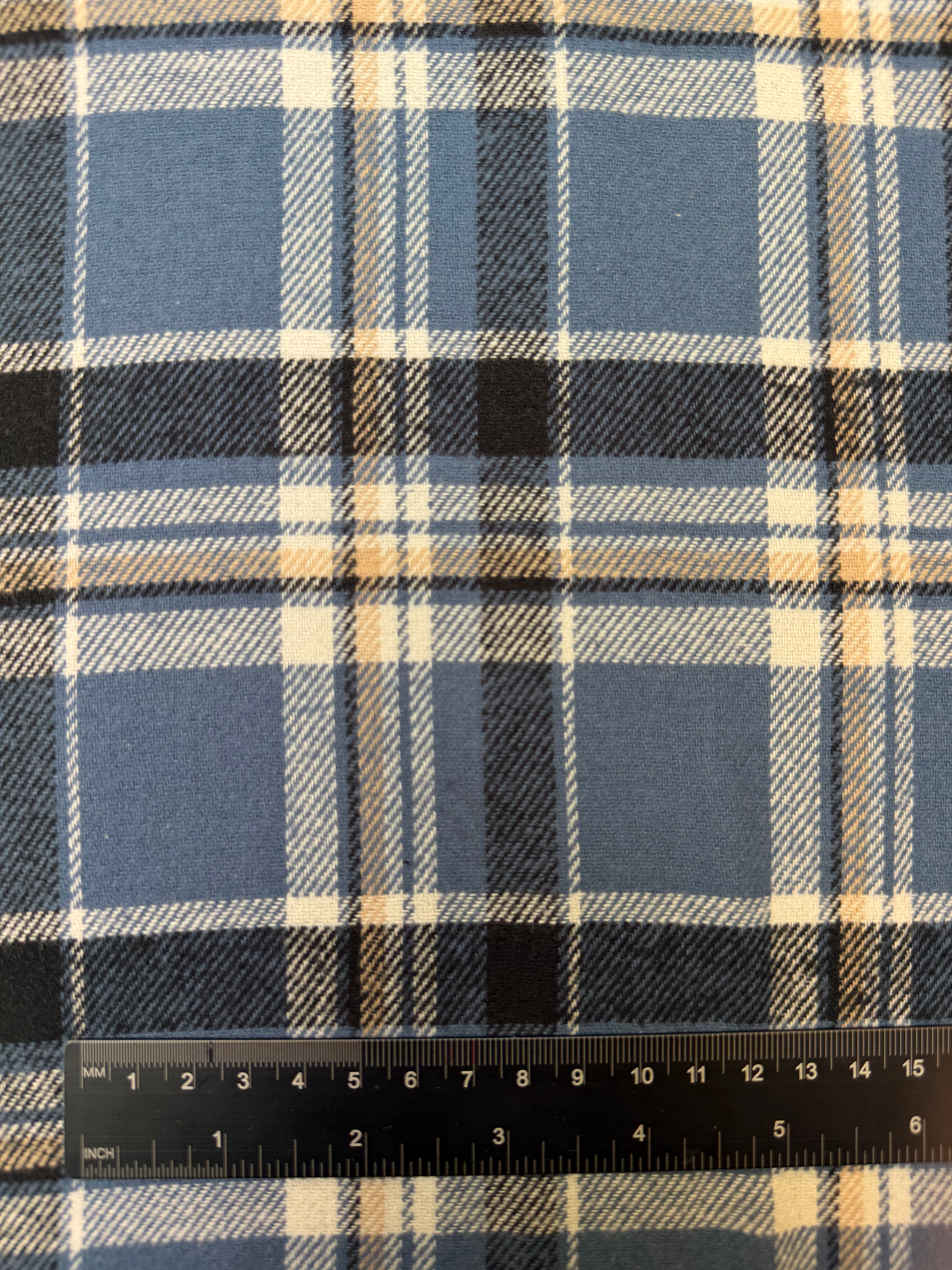 Blue and Black Check Flannel Brushed Cotton Fabric Ruler View