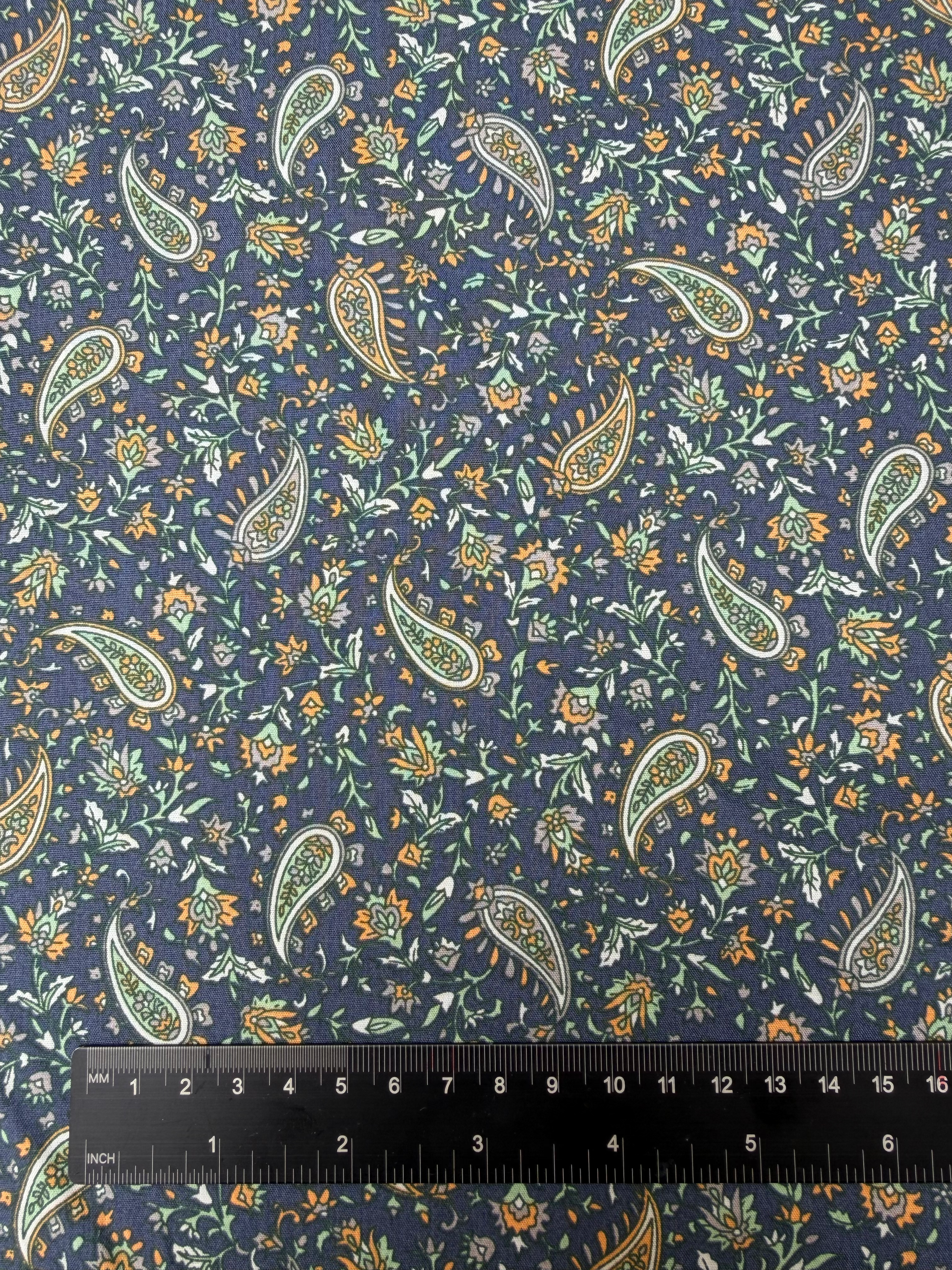 Navy Paisley 100% Cotton Poplin Fabric Ruler View