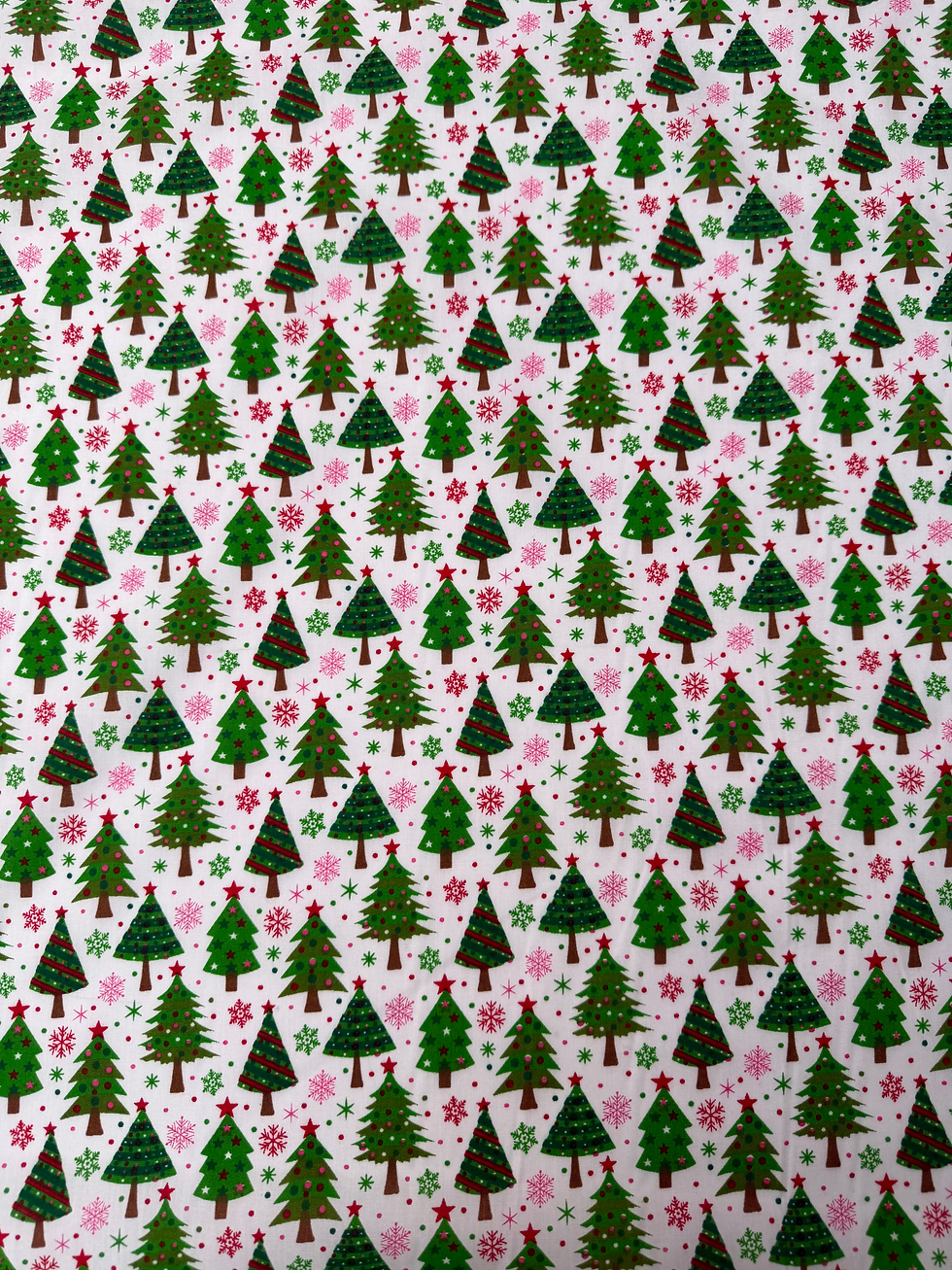 Christmas Trees and Snowflakes Polycotton Fabric Wide View