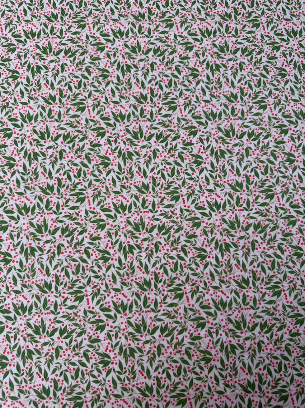 Leaves and Berries White Christmas Polycotton Fabric Wide View