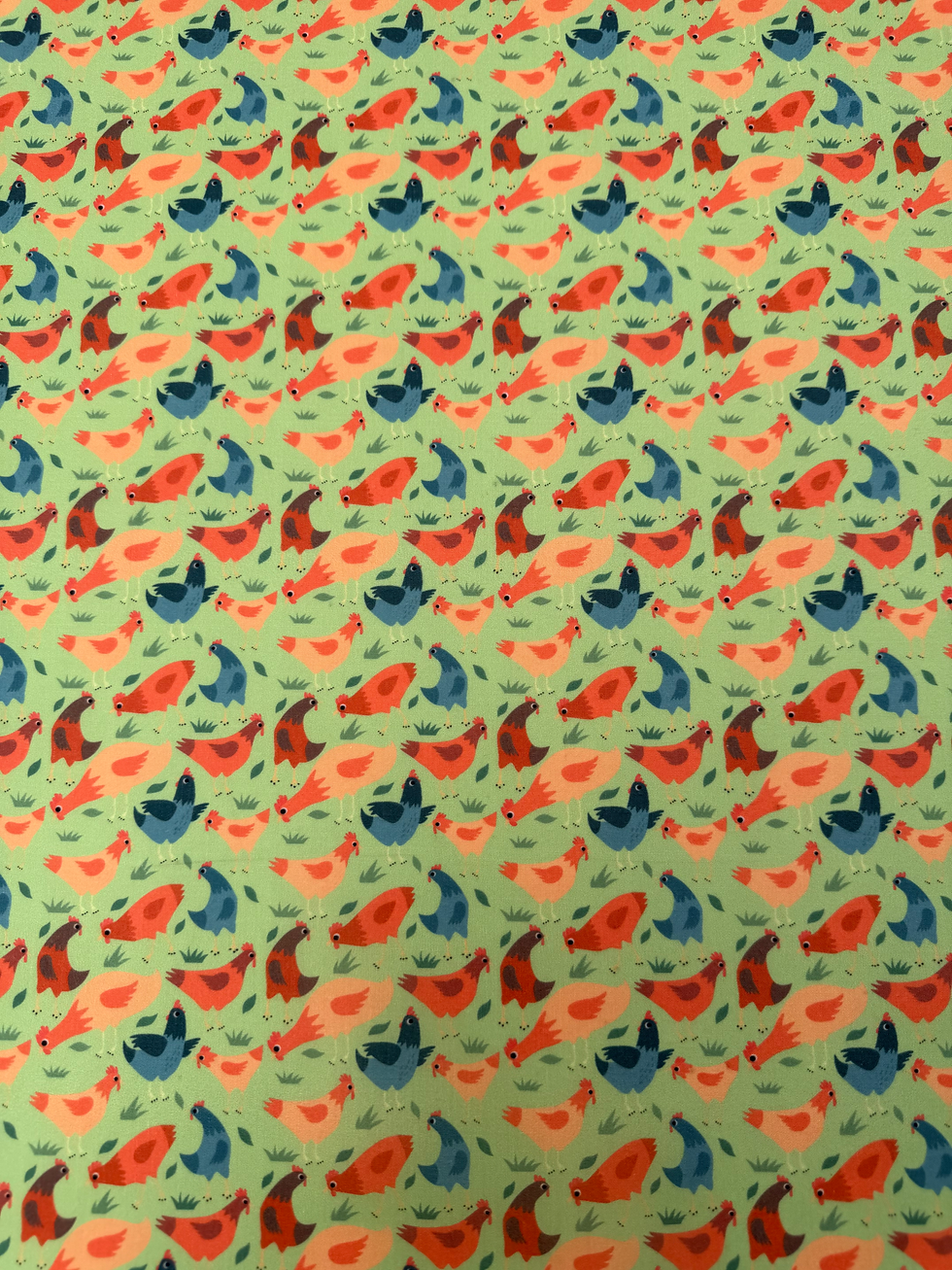 Chickens - Green Polycotton Fabric Wide View