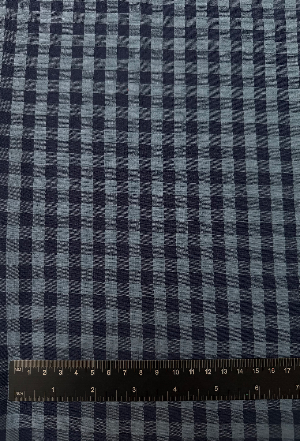 1/4 Navy Blue Gingham Cotton Seersucker Fabric Ruler View