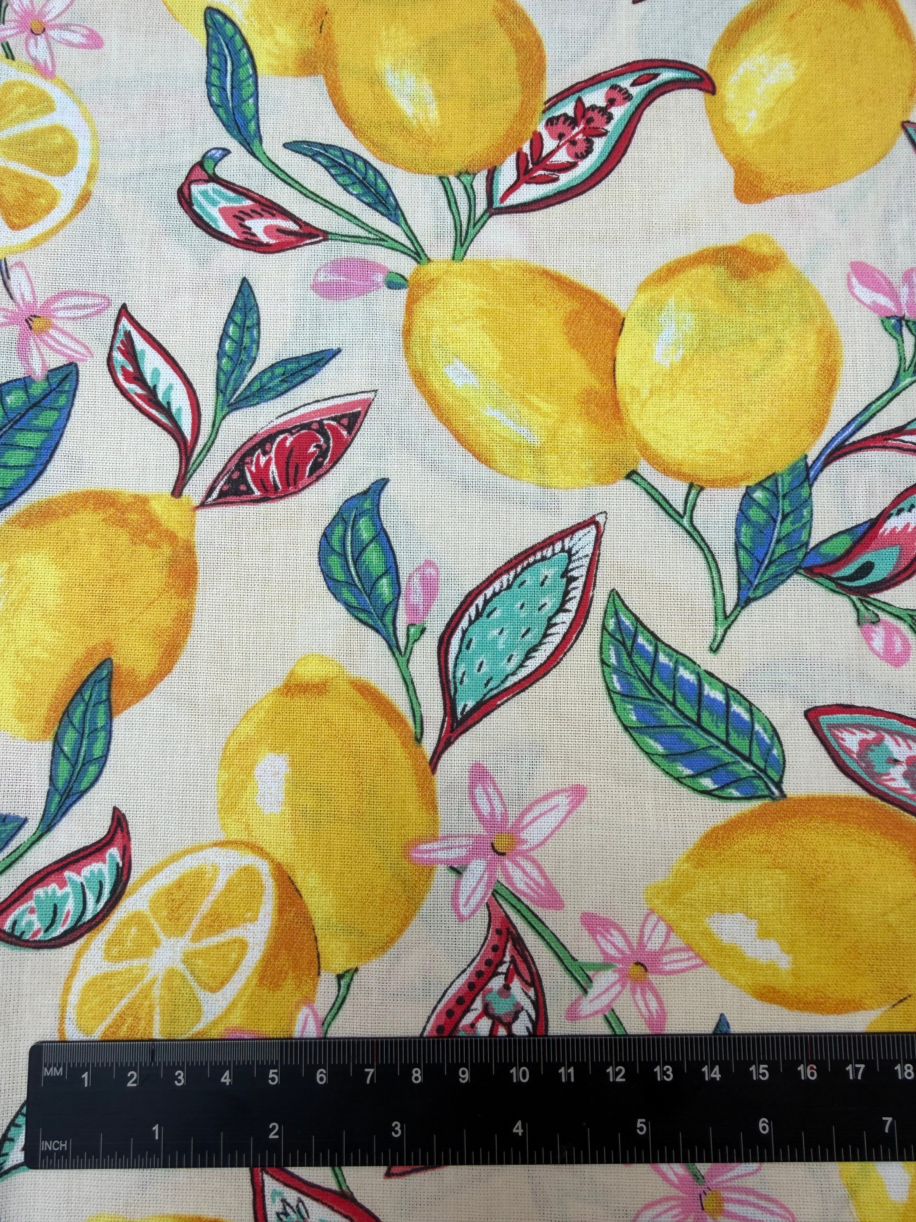 Lemons Foliage 100% Cotton Fabric Ruler View