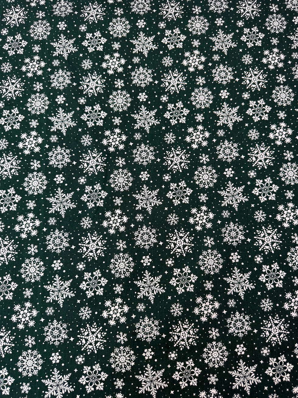 Snowflakes Green Christmas Polycotton Fabric Wide View