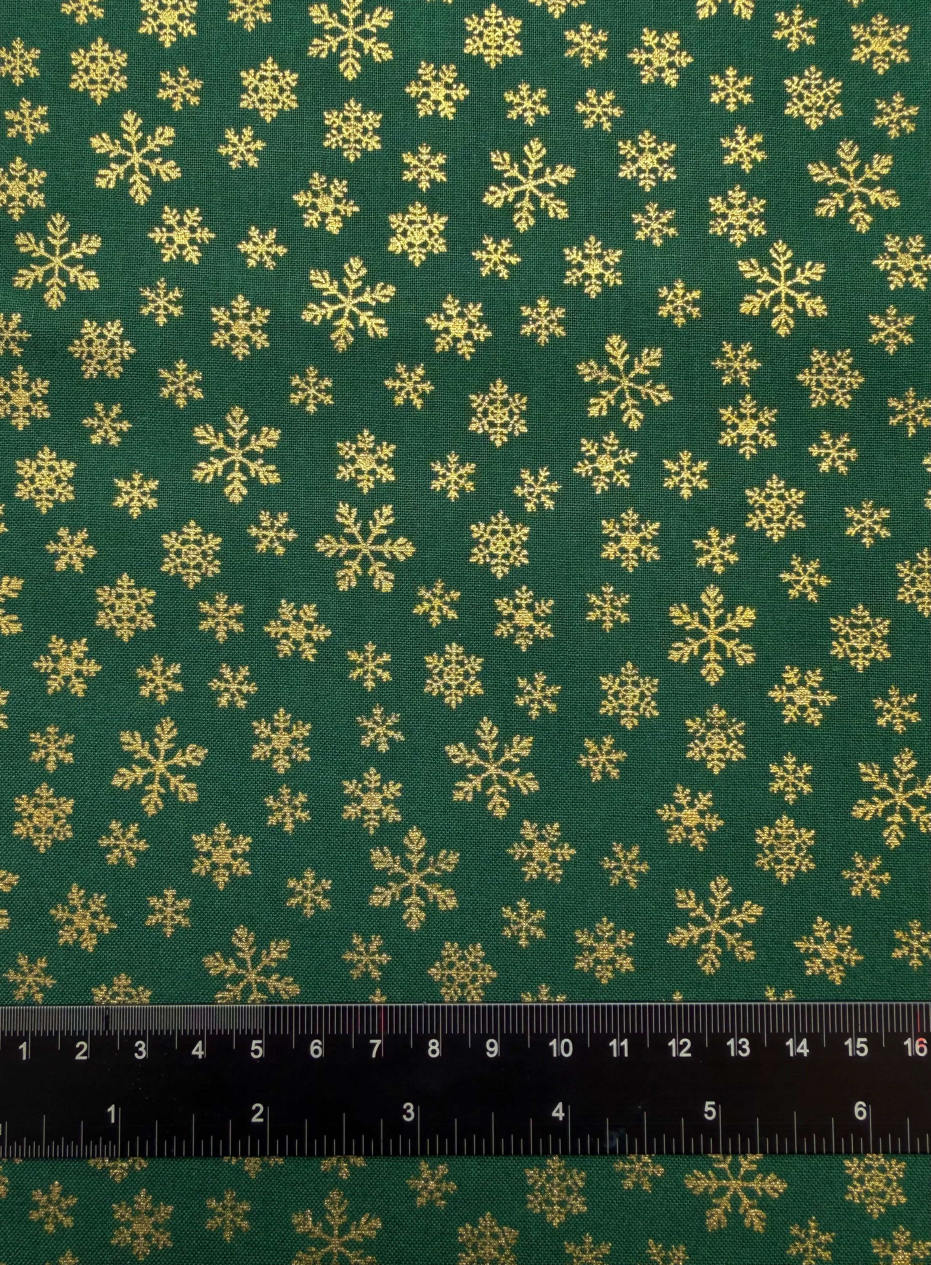 Christmas Snowflakes Green Metallic Gold 100% Cotton Louden Fabric Ruler view