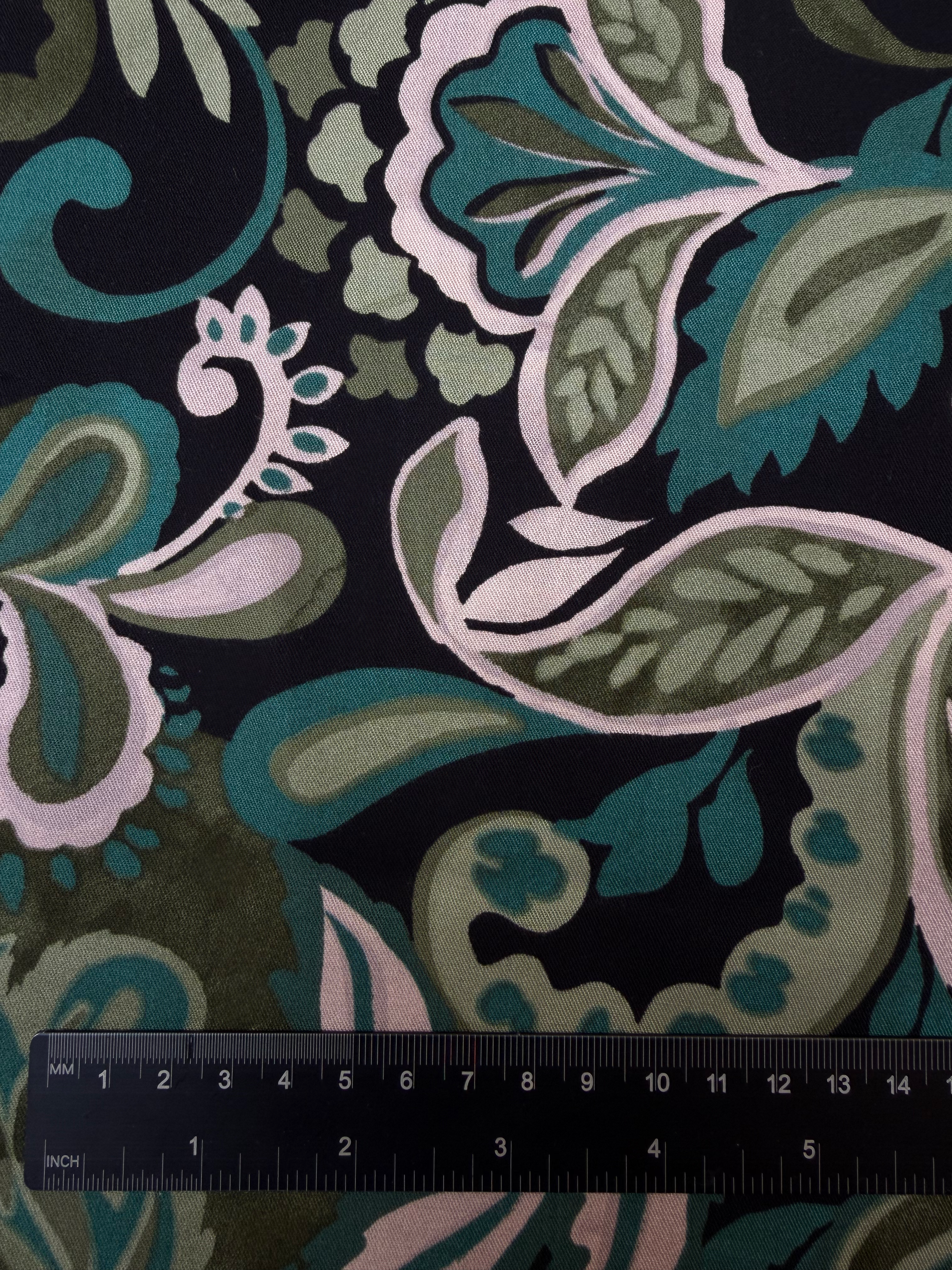 Green Leaves Nylon Viscose Stretch Fabric Ruler View