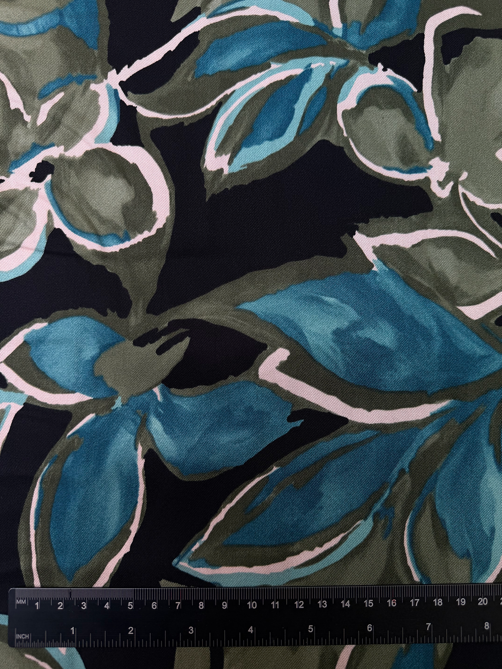 Turquoise Leaves Nylon Viscose Twill Fabric Ruler View