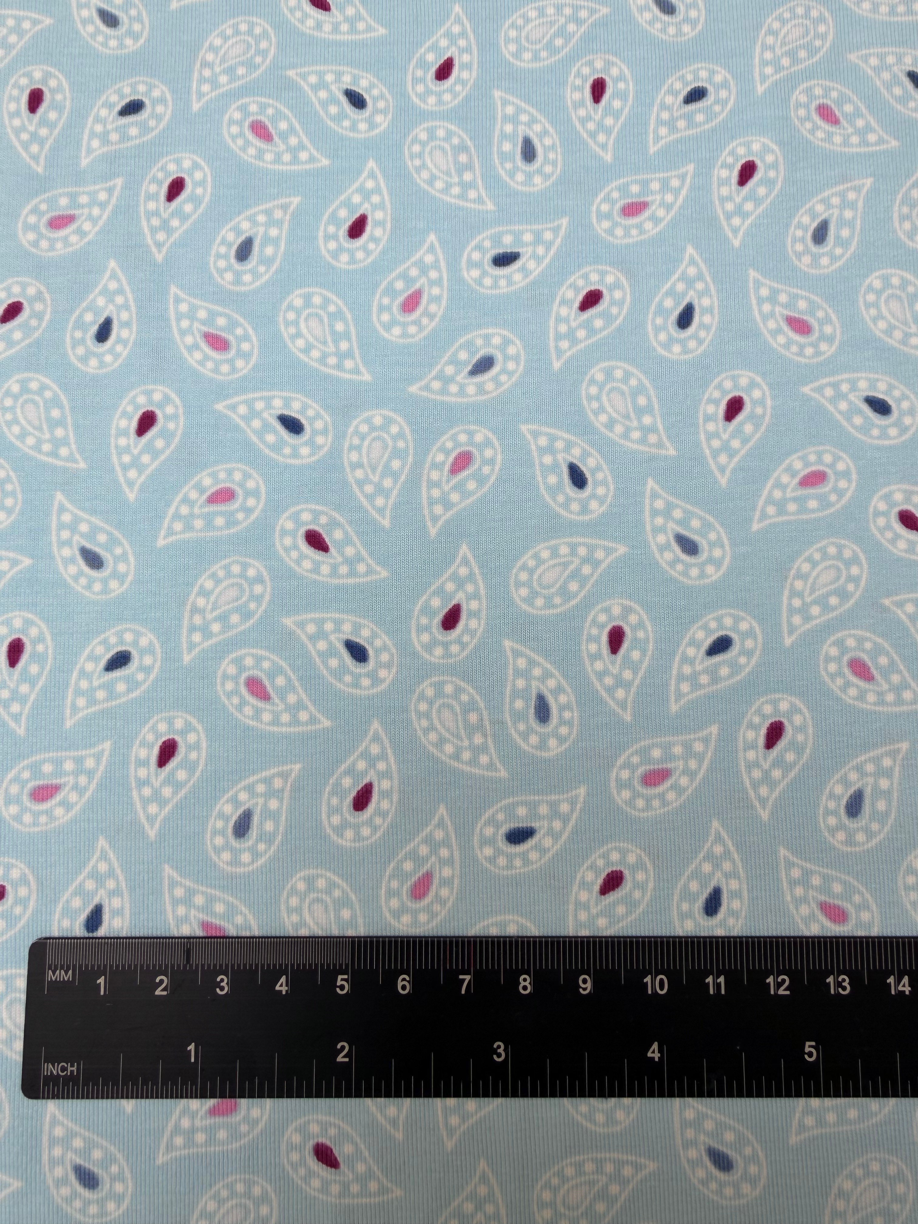 Light Blue Paisley Cotton Jersey Fabric Ruler View