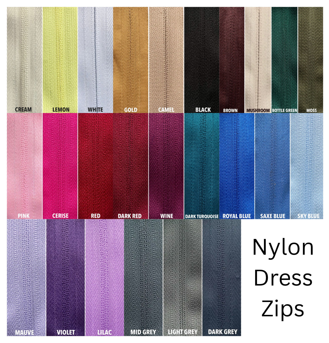 Nylon Dress Zips 4"-22" All Colours