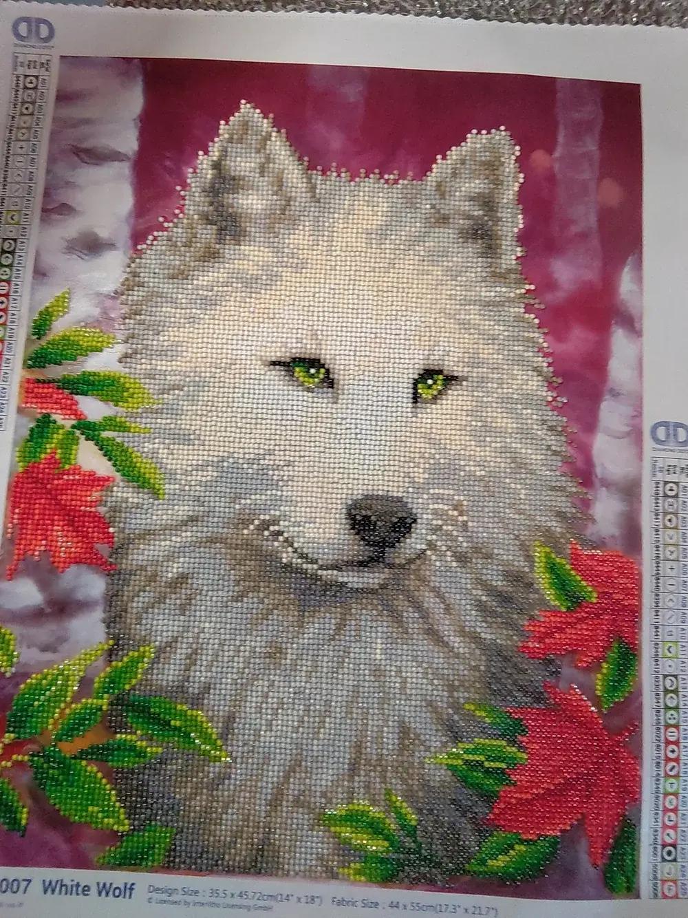 Wall Hanging Hand Beaded White Wolf and Crimson Red Flowers