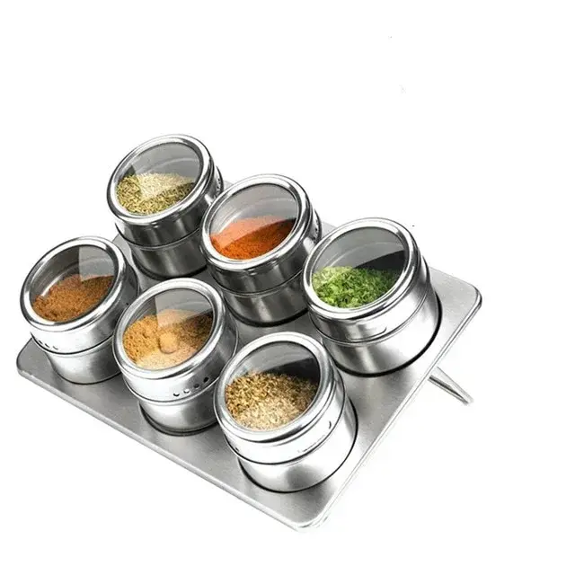 6/9Pcs Magnetic Spice Jars Set 304 Stainless Steel Shakers Tins Rack Condiment