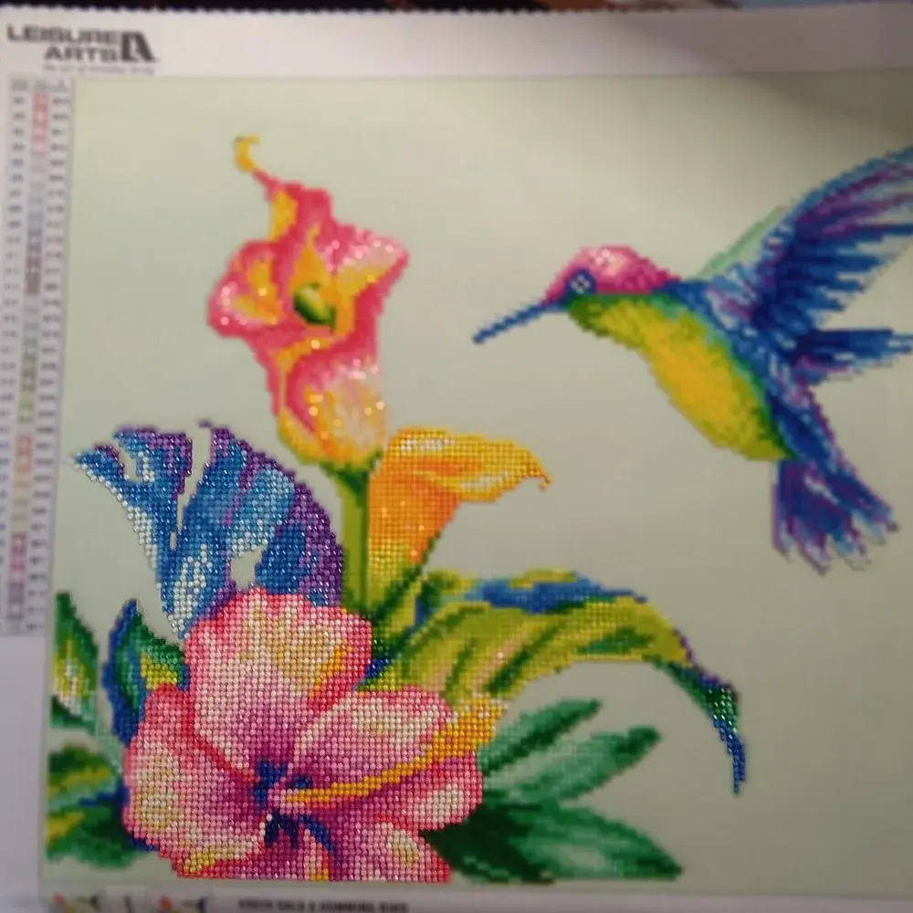 Wall Hanging, Hand Beaded Humming Bird above Flowers