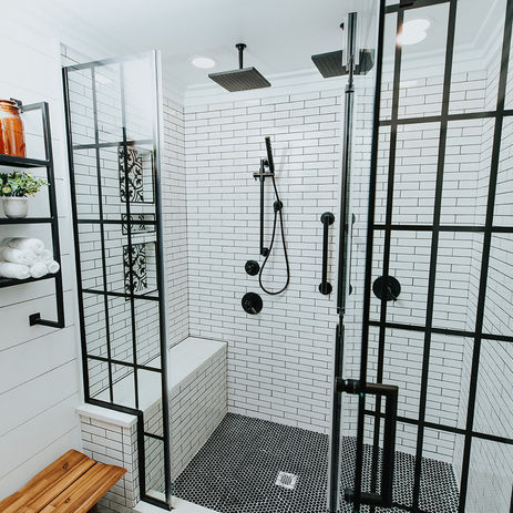 subway tile black grid shower doors