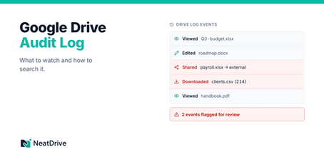 Google Drive Audit Log slide showing viewed, edited, shared, and downloaded files, with 2 events flagged for review.