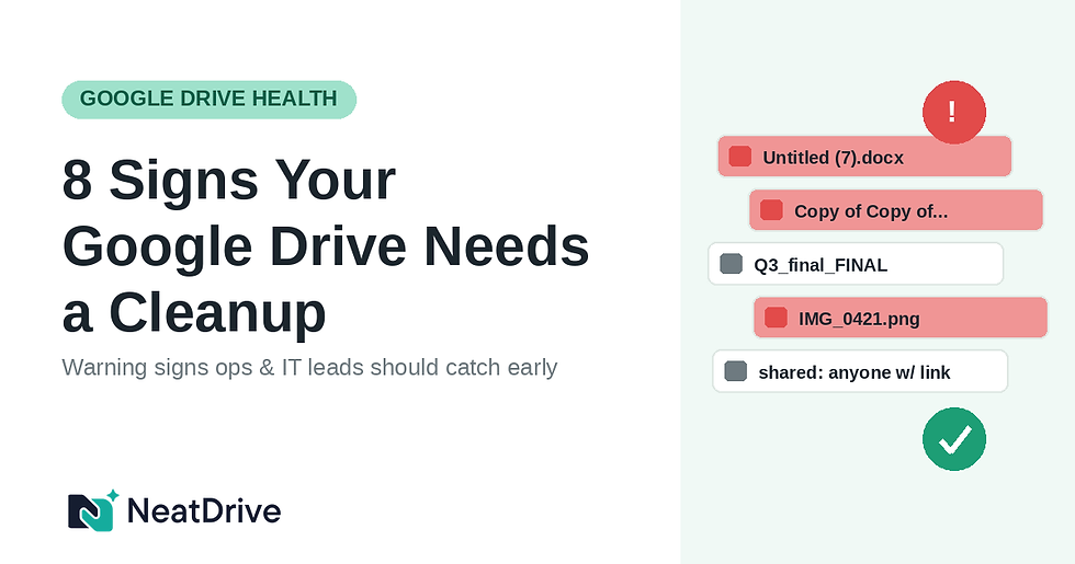 Panel of cluttered Google Drive filenames flagged in red beside a red alert badge and a green check mark.