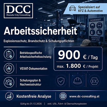 Arbeitssicherheit, ASchG, VEXAT, Brandschutz und Schulungspflichten für KFZ-Betriebe – praxisnahe Unterstützung bei Unterweisung, Dokumentation und Nachweisstruktur durch Danube City Consulting.
