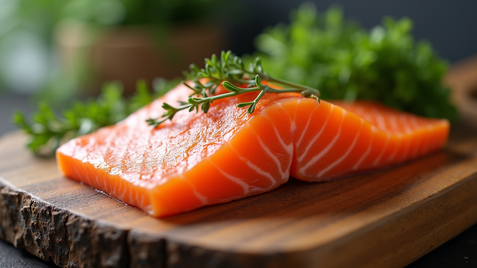 Eye-level view of a fresh salmon fillet on a wooden board