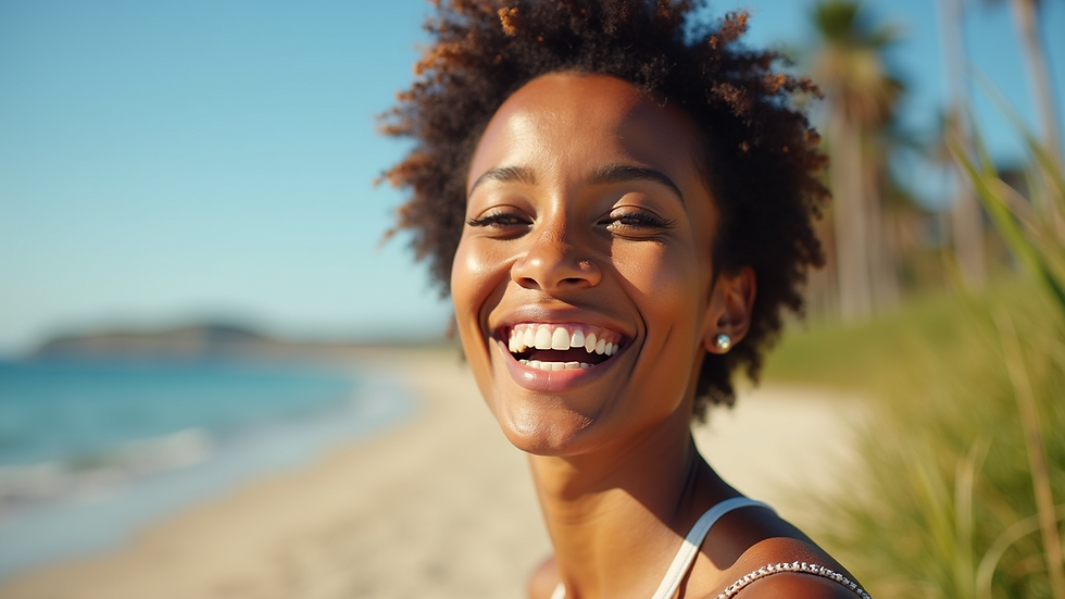 Eye-level view of a smiling individual enjoying a healthy lifestyle