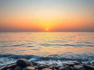 A calm ocean horizon at golden sunset with waves washing over smooth stones