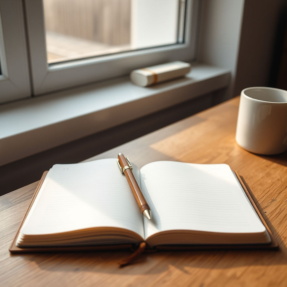 An open notebook and wooden pen on an oak desk in soft morning light, the simple setup needed to audit your time over a week
