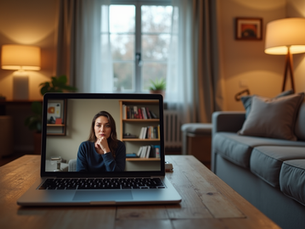 Woman comparing self-improvement shows using notes and headphones