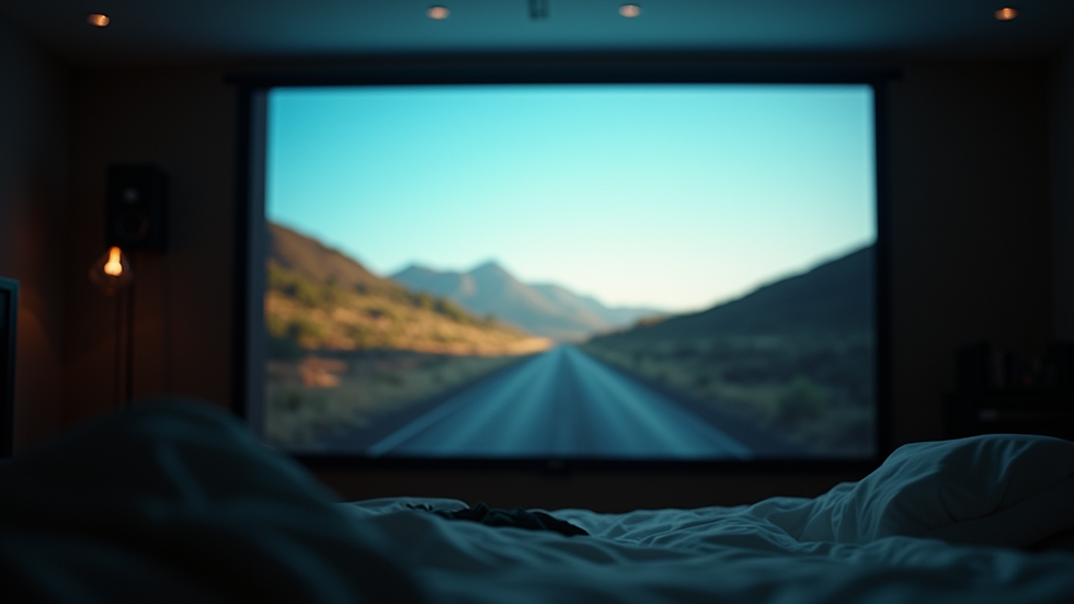 Close-up view of a movie screen showing a serene landscape scene