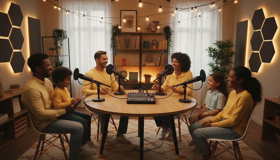 A warmly lit home podcast microphone and headphones on a desk, illustrating how to choose the best podcast for emotional healing and self-worth