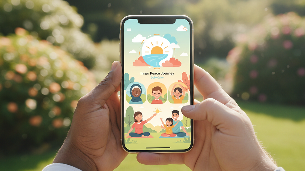 A smartphone held close showing a meditation app with soft calming visuals, used as a nervous system regulation tool during digital burnout