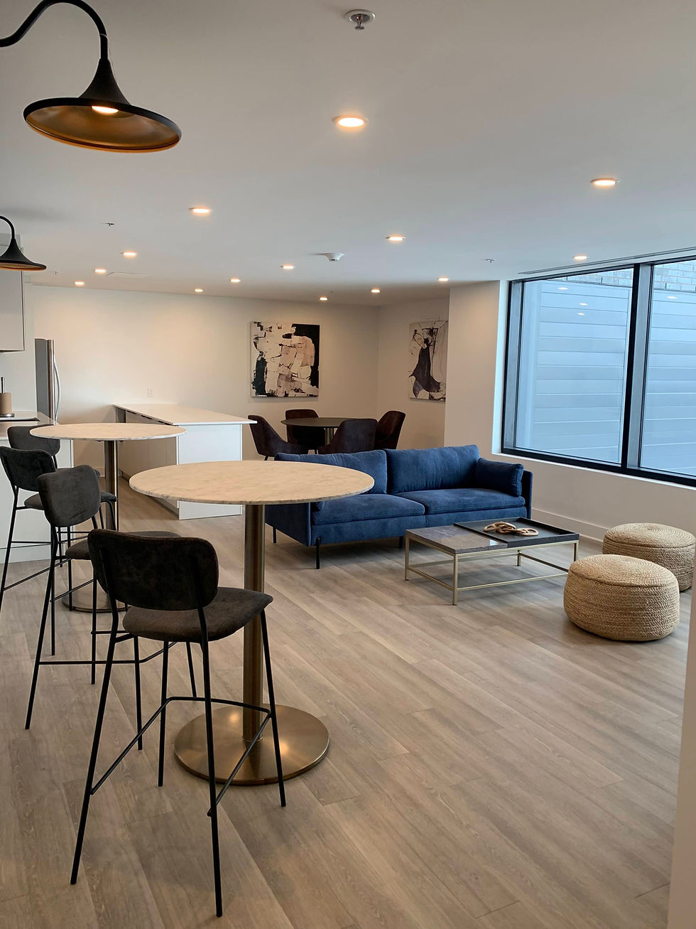 Lounge business common area of condo building. Contemporary style in a palette of blue and neutral colors.