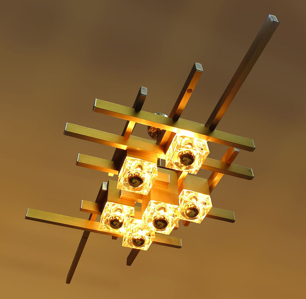 Gaetano Sciolari Italian Cubic Chandelier Fixture Brass Murano Glass 1970s Sculptural Vintage