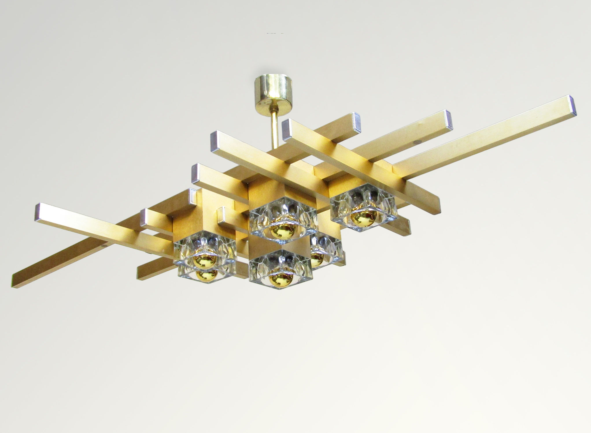 Gaetano Sciolari Italian Cubic Chandelier Fixture Brass Murano Glass 1970s Sculptural Vintage