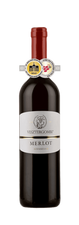 Dunkle Weinflasche mit rotem Verschluss und weissem Etikett. Auf dem Etikett steht "VESZTERGOMBI MERLOT SZEKZÁRD". Auf der Flasche ist ein Medaillenaufkleber mit der Aufschrift "Berliner Wein Trophy 2025 – Gold".