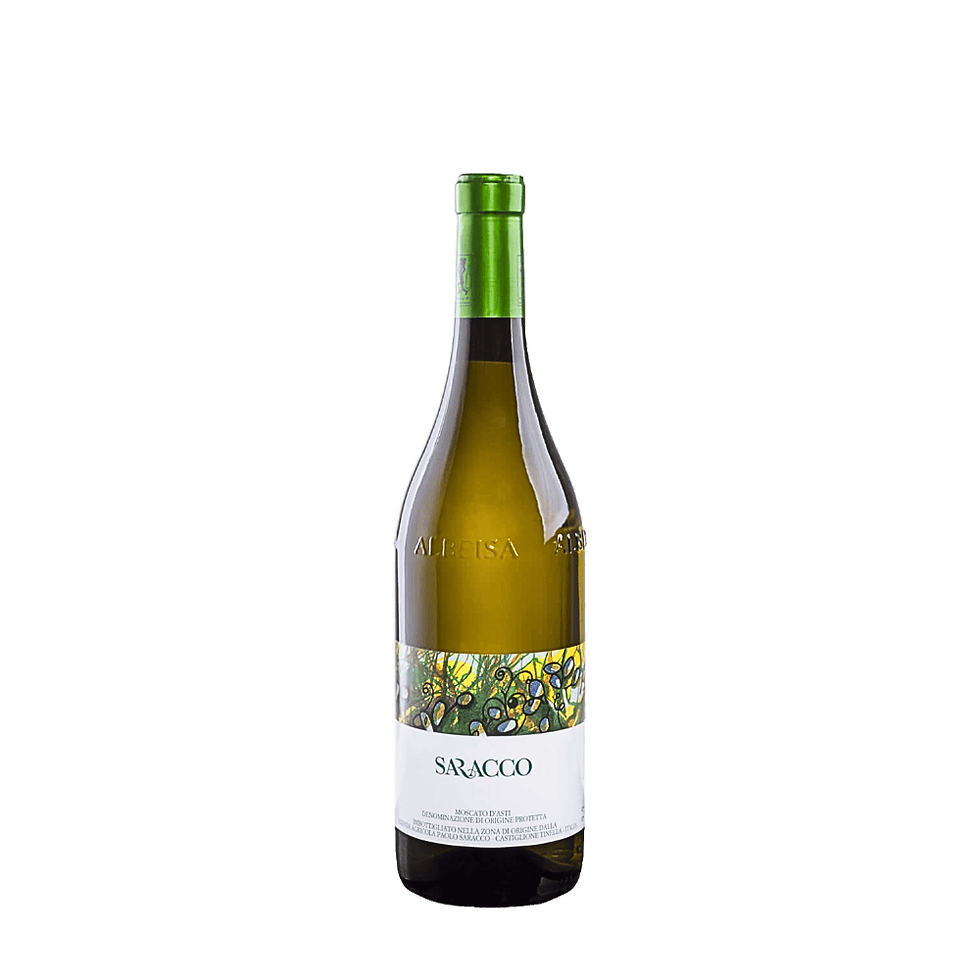 Eine Flasche Saracco Moscato d'Asti-Wein mit einem grünen Folienverschluss. Das Etikett zeigt ein farbenfrohes abstraktes Des