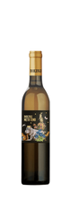 Eine Flasche Bolyki Meta Tema-Wein mit einem farbenfrohen Etikett mit skurrilen Motiven, darunter Tiere und Naturelemente. Die Flasche hat einen Verschluss aus Goldfolie und steht auf einem weißen Hintergrund, der die verspielte Essenz der Bolyki Spätlese einfängt.