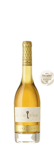 Eine Flasche Grand Tokaj Eszencia, ein goldfarbener Wein mit einem gemusterten Goldverschluss und einem weissen Etikett. 