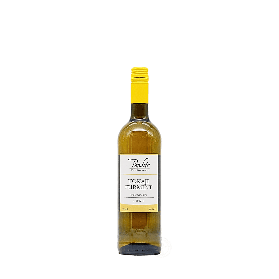 Eine Flasche Pendits Tokaji Furmint mit schlichtem weissem Etikett und schwarzem Text.