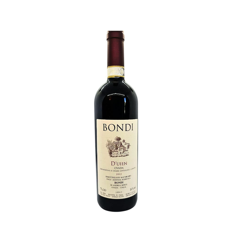 Eine Flasche Bondi D’Uien Dolcetto Superiore DOC Ovada Rotwein. Das Etikett zeigt eine Abbildung von Weingut und Text.