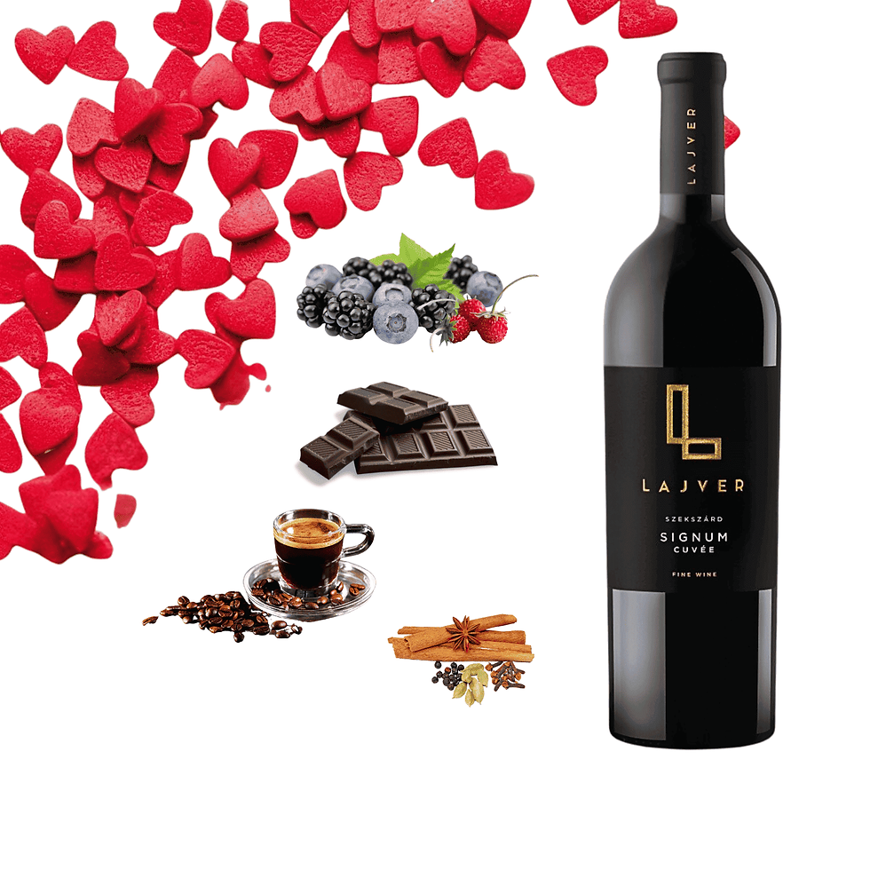 Flasche Lajver Signum Cuvée Rotwein neben Geschmacksnoten: rote Herzen, Beeren, dunkle Schokolade, Espresso und Gewürze