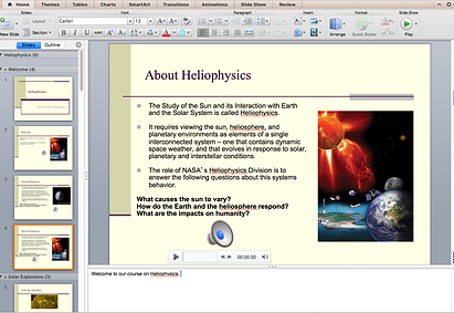 Screen imag of a page in apower point presentaton that has text a graphic, audio ad speaker notes