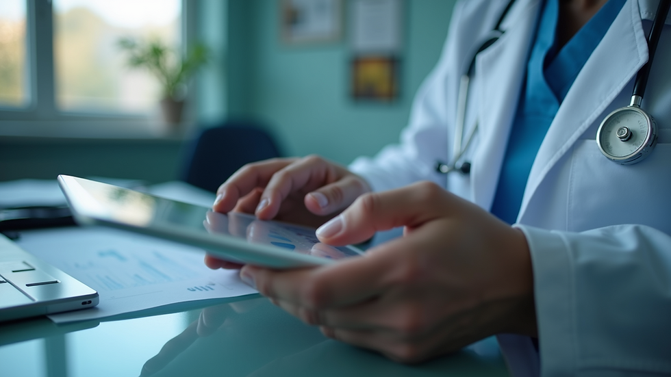 Close-up view of a physician analyzing data on a tablet